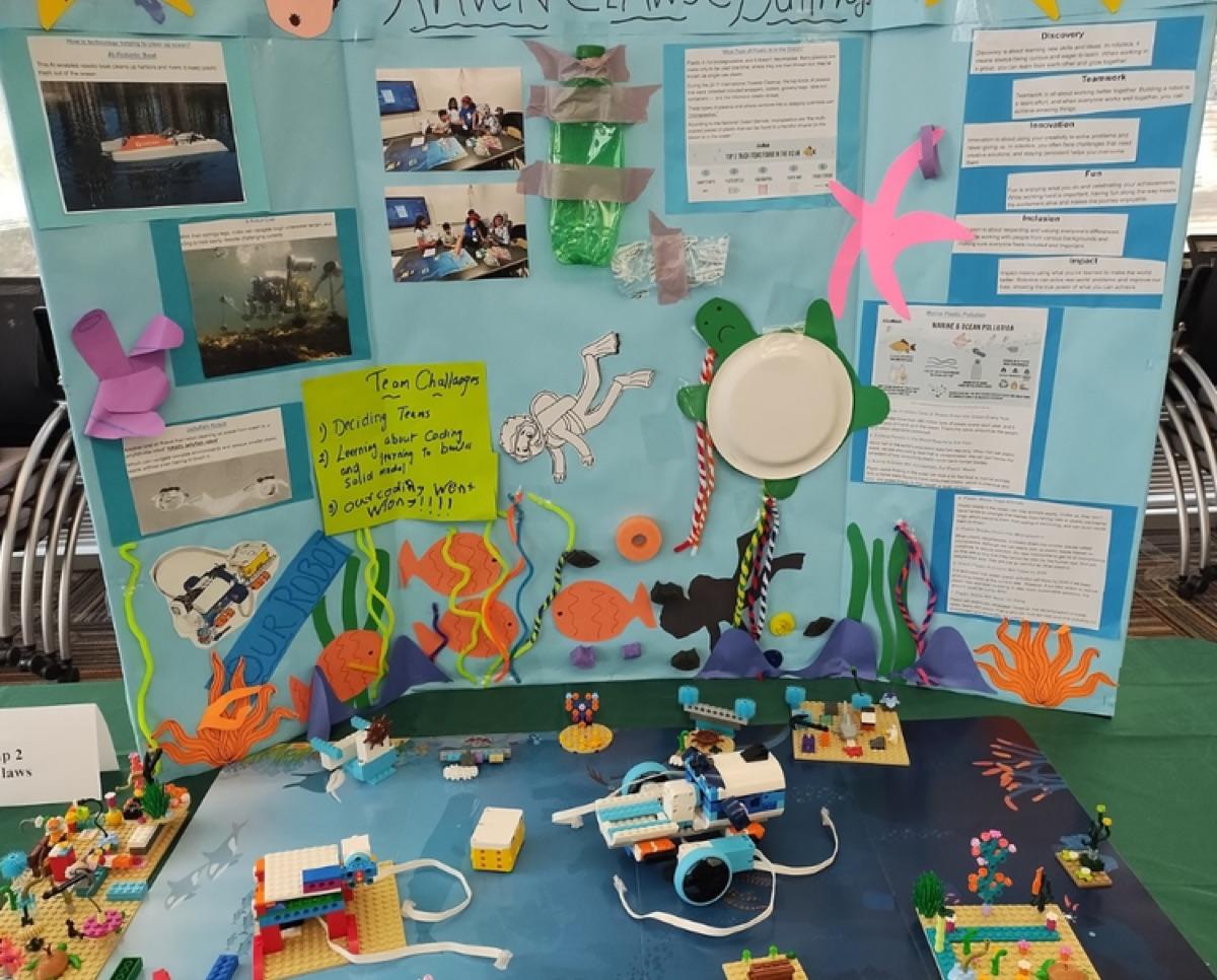 A FIRST LEGO League Innovation Project display board about ocean habitats