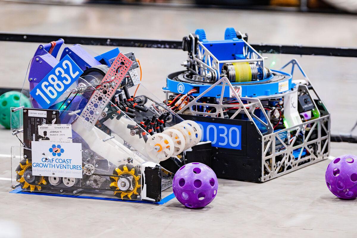 Two FIRST Tech Challenge robots on the field together